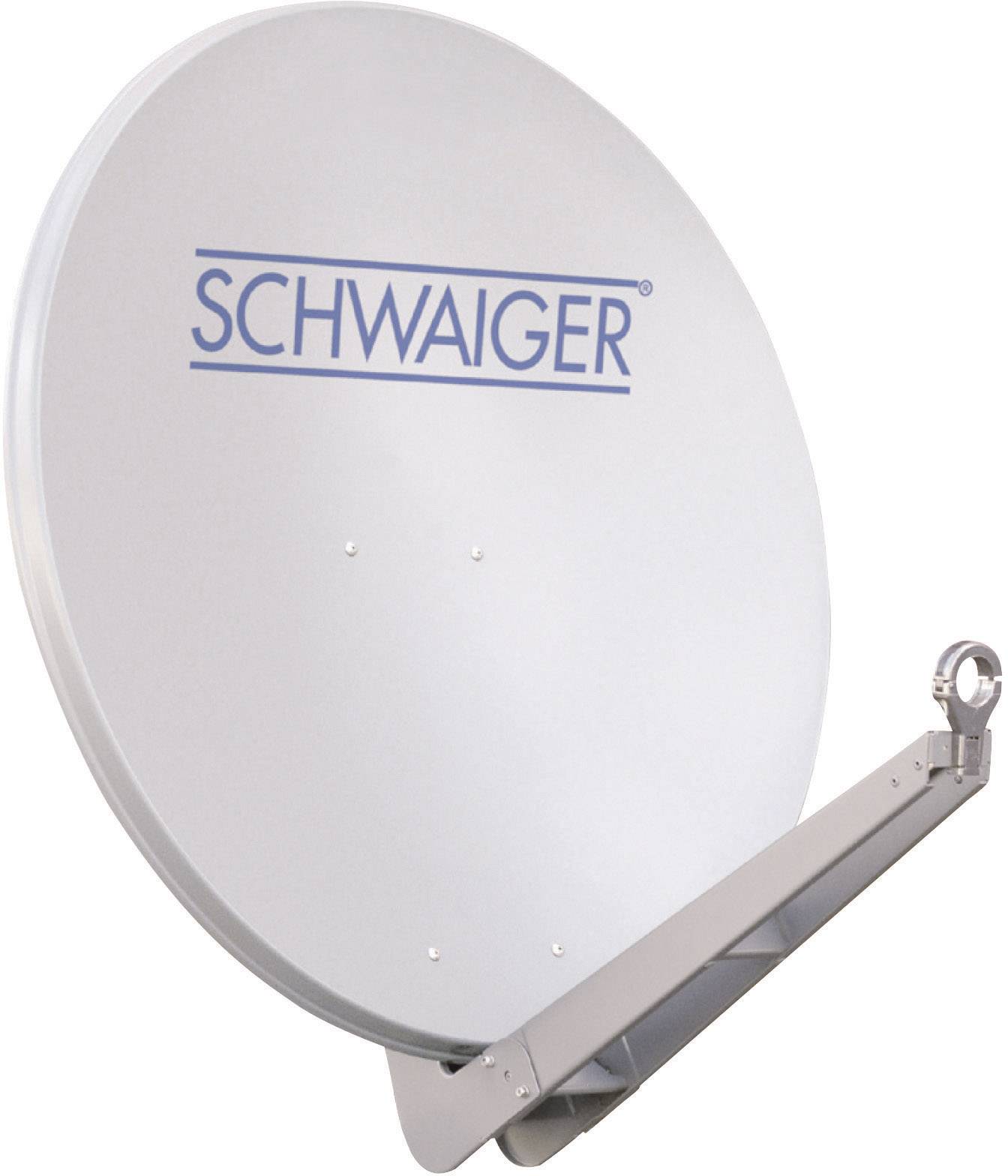 Parabola satellitare con la scritta 'SCHWAIGER' sul lato frontale, montata su un braccio metallico.