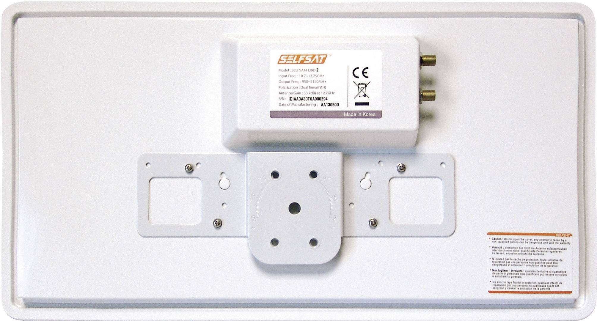 Piatto satellitare bianco, rettangolare e sottile, con staffa di montaggio e due connettori coassiali.