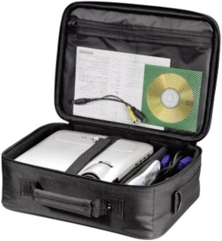 Borsa porta-documenti con un proiettore, cavi, un CD e documenti in vari scomparti. Ideale per un trasporto sicuro.