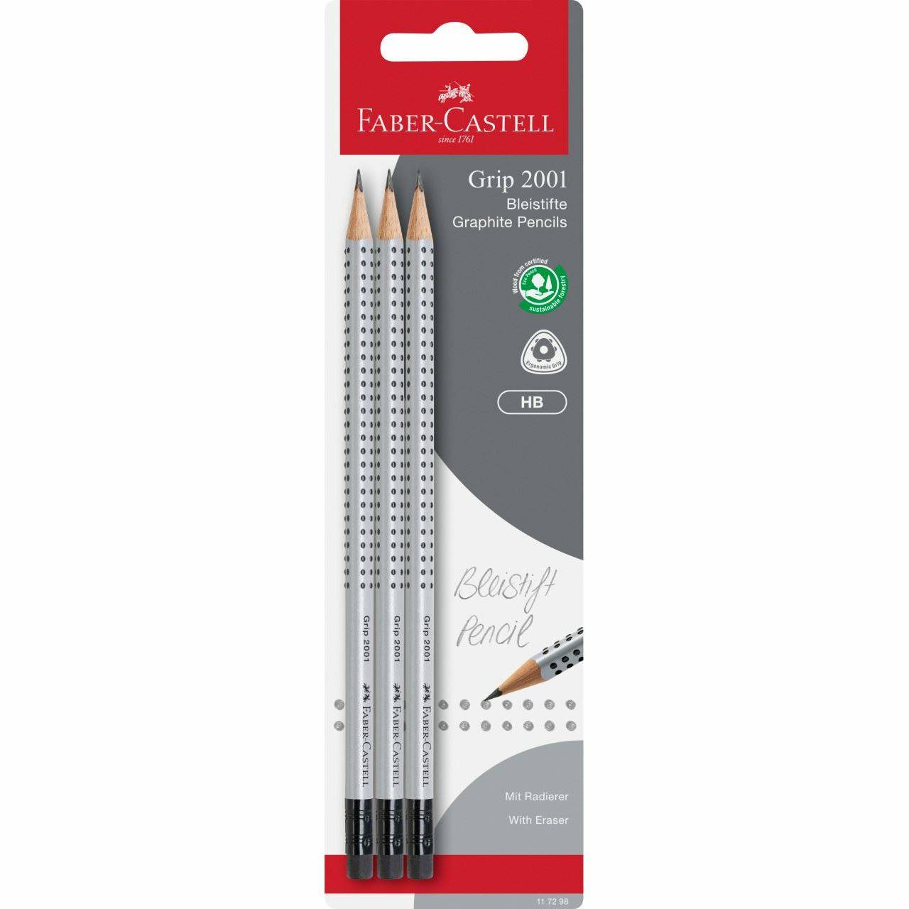 Faber-Castell 117298 matita di grafite HB 3 pz (Faber-Castell GRIP 2001 - blyant - HB)-1
