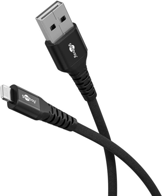 Goobay Cavo tessile Lightning a USB-A supermorbido con connettori in metallo, 1 m, nero 1 m certificato MFi, cavo di ric-0