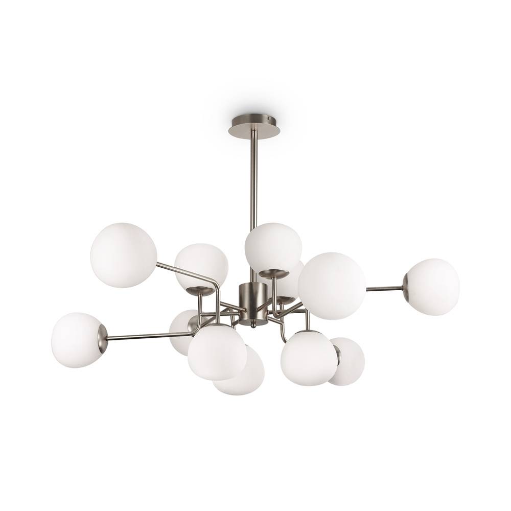 Lampadario Sospensione Erich In Metallo Nichel 12 Luci E Diffusori Bianchi-0