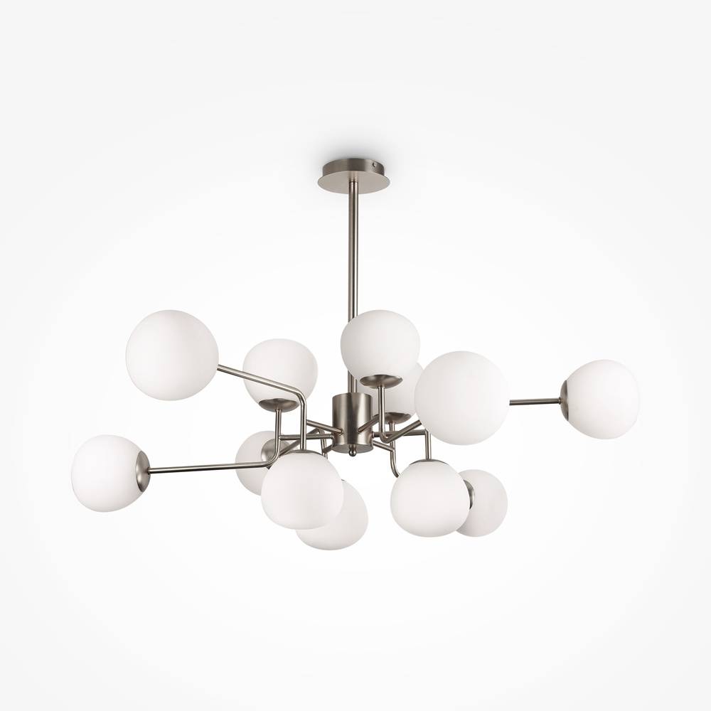 Lampadario Sospensione Erich In Metallo Nichel 12 Luci E Diffusori Bianchi-1