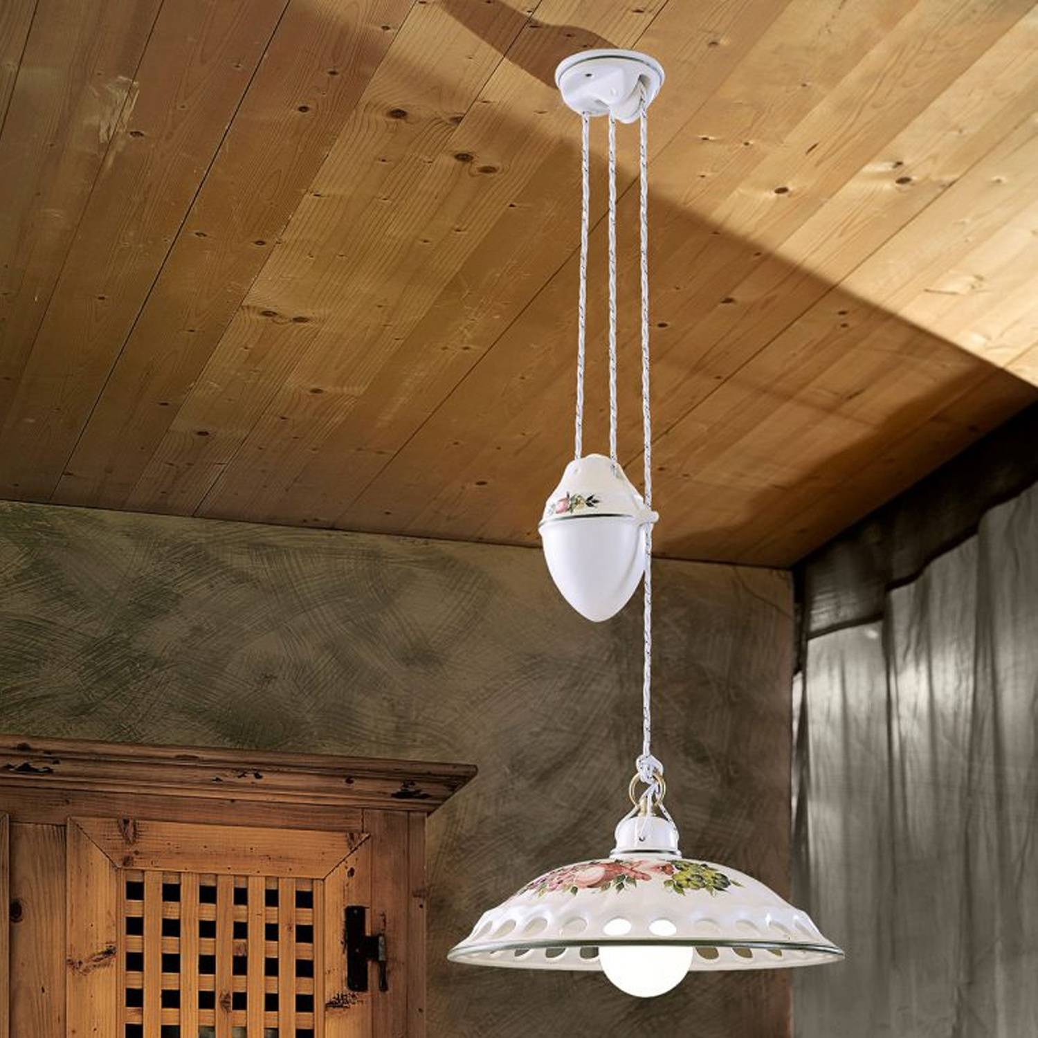 Lampadario Saliscendi Classico Napoli Ceramica E Ottone Satinato 1 Luce E27-2