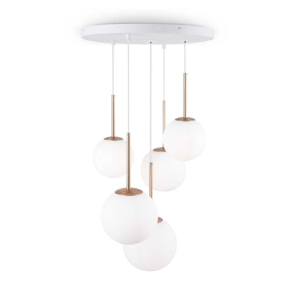 Lampadario Minimal Basic Form In Metallo Bianco E Oro 5 Luci E Diffusori Vetro-0