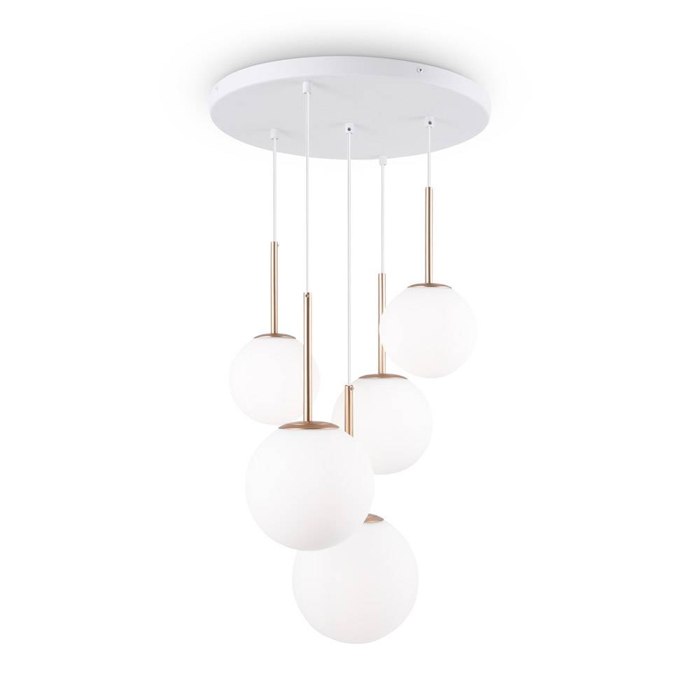 Lampadario Minimal Basic Form In Metallo Bianco E Oro 5 Luci E Diffusori Vetro-1