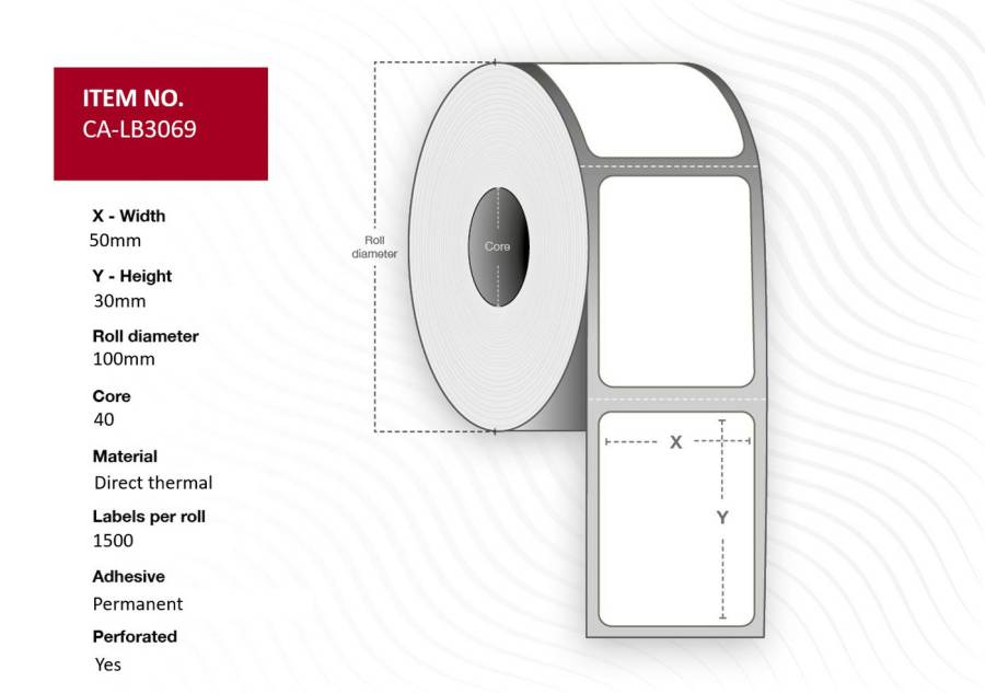 Capture CA-LB3069 Label 50x30, Core 40, Diameter 100 mm. Thermal print. Top coated. Permanent. 1500 labels per roll. 12-0