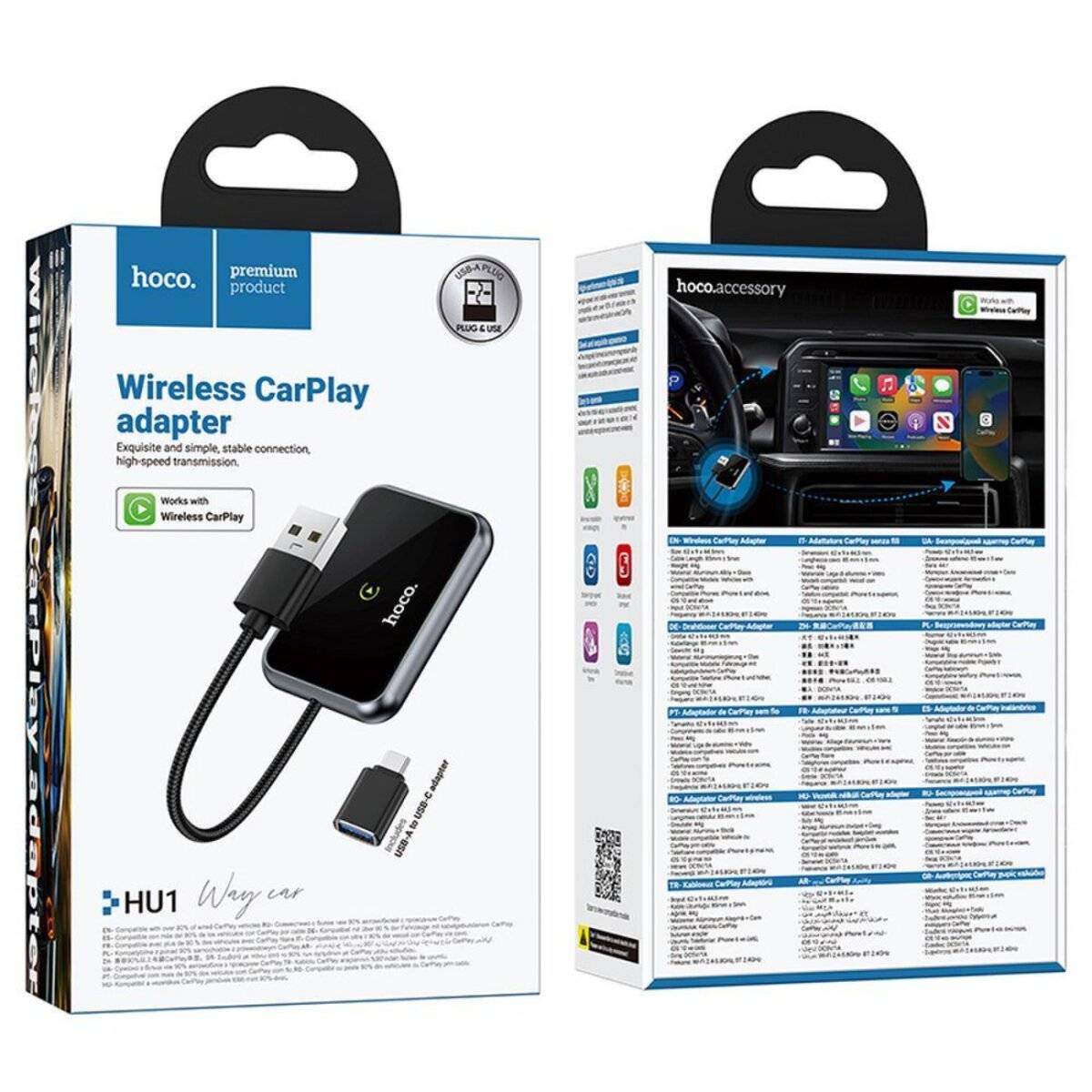 Adattatore CarPlay wireless Hoco HU1 con USB-A/USB-C, nero-4