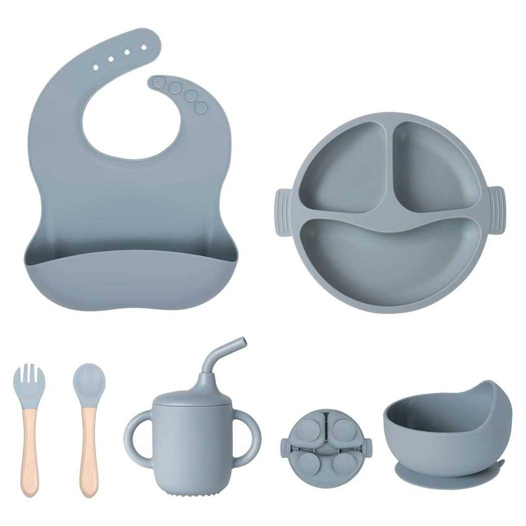 Set Pappa Svezzamento Bambini 6pz Piatto Con Ventosa Ciotola Cucchiaio Bavaglino Tazza --0
