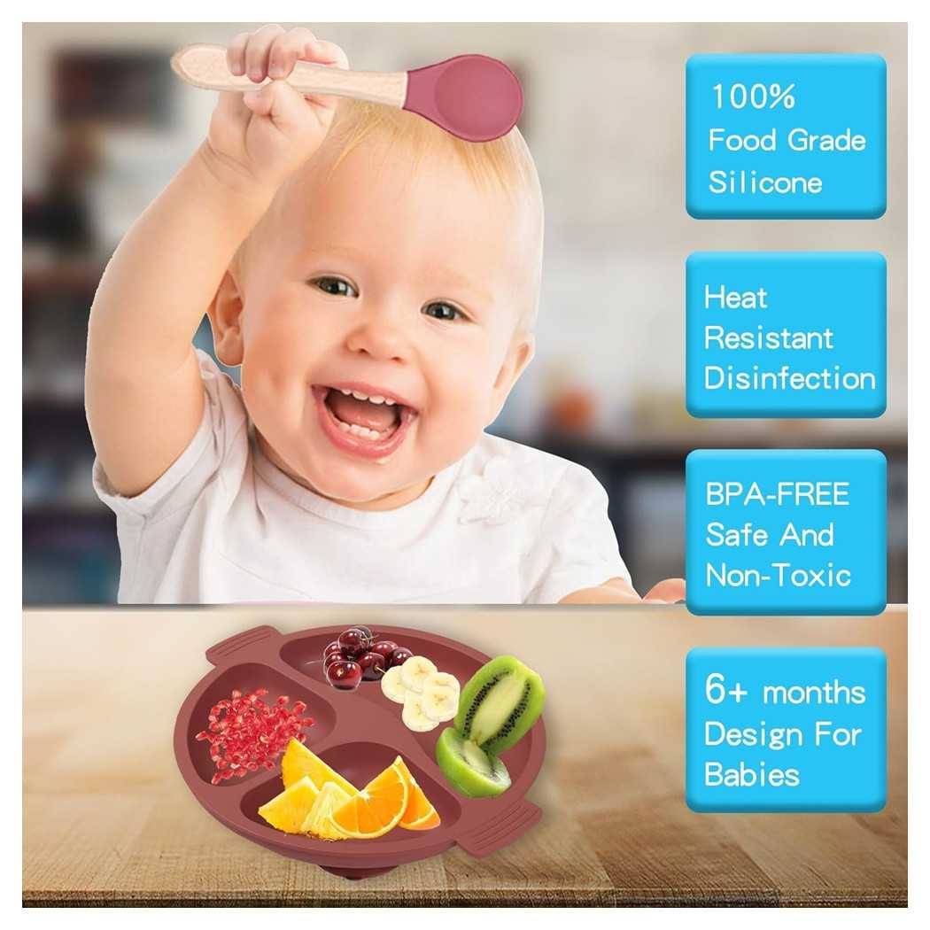 Set Pappa Svezzamento Bambini 6pz Piatto Con Ventosa Ciotola Cucchiaio Bavaglino Tazza --4