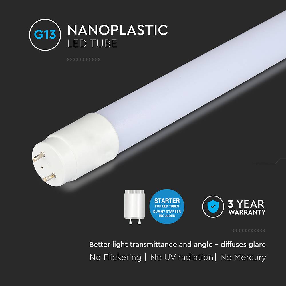 V-TAC Tubo LED T8 16.5W 125LM/W G13 120cm incluso Starter 3000K-4