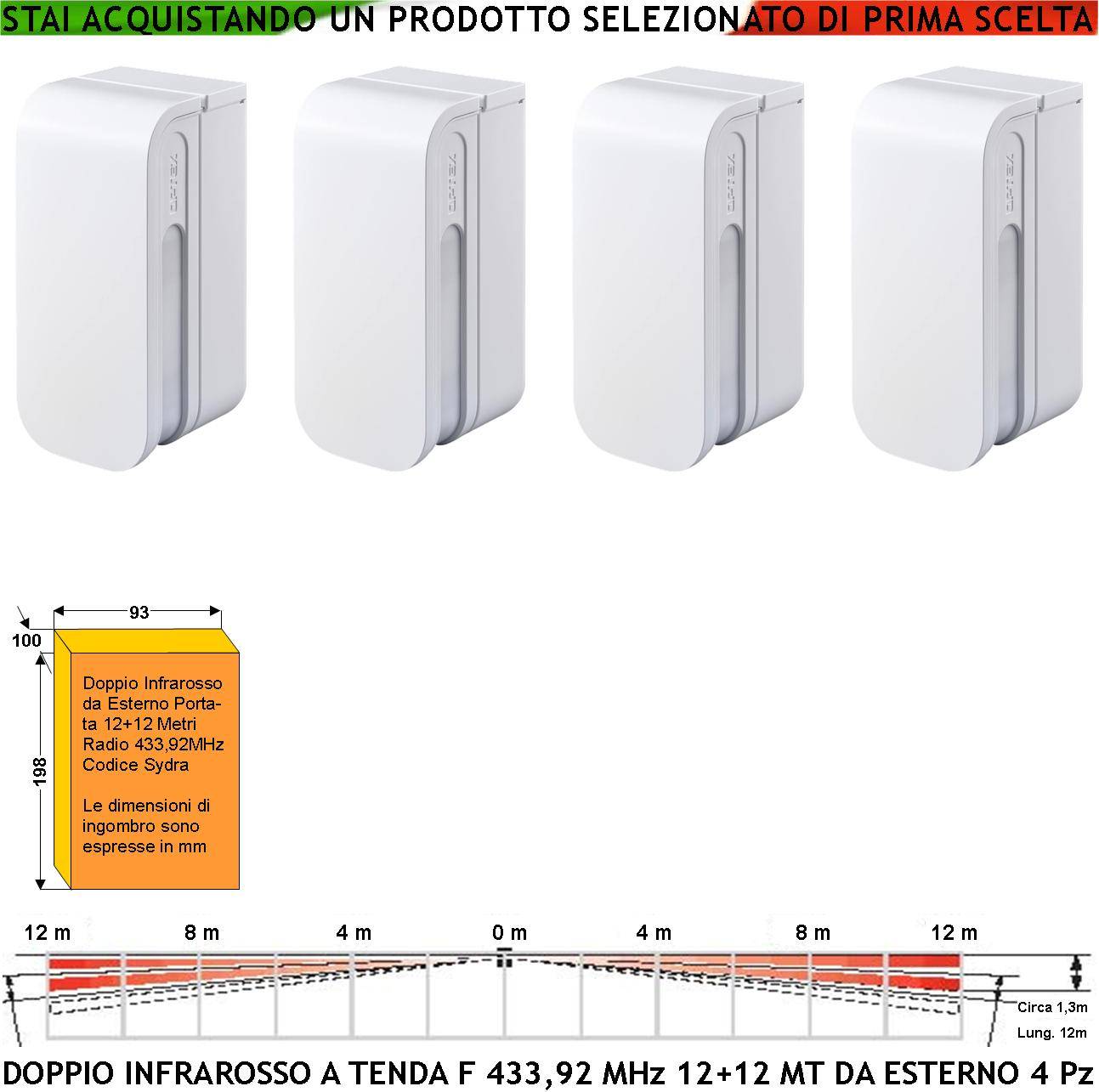 Rilevatore di Movimento Doppia Tenda Infrarosso Antifurto da Esterno 4 Pezzi Copertura 12+12 Metri Lineari Wireless Fr-0
