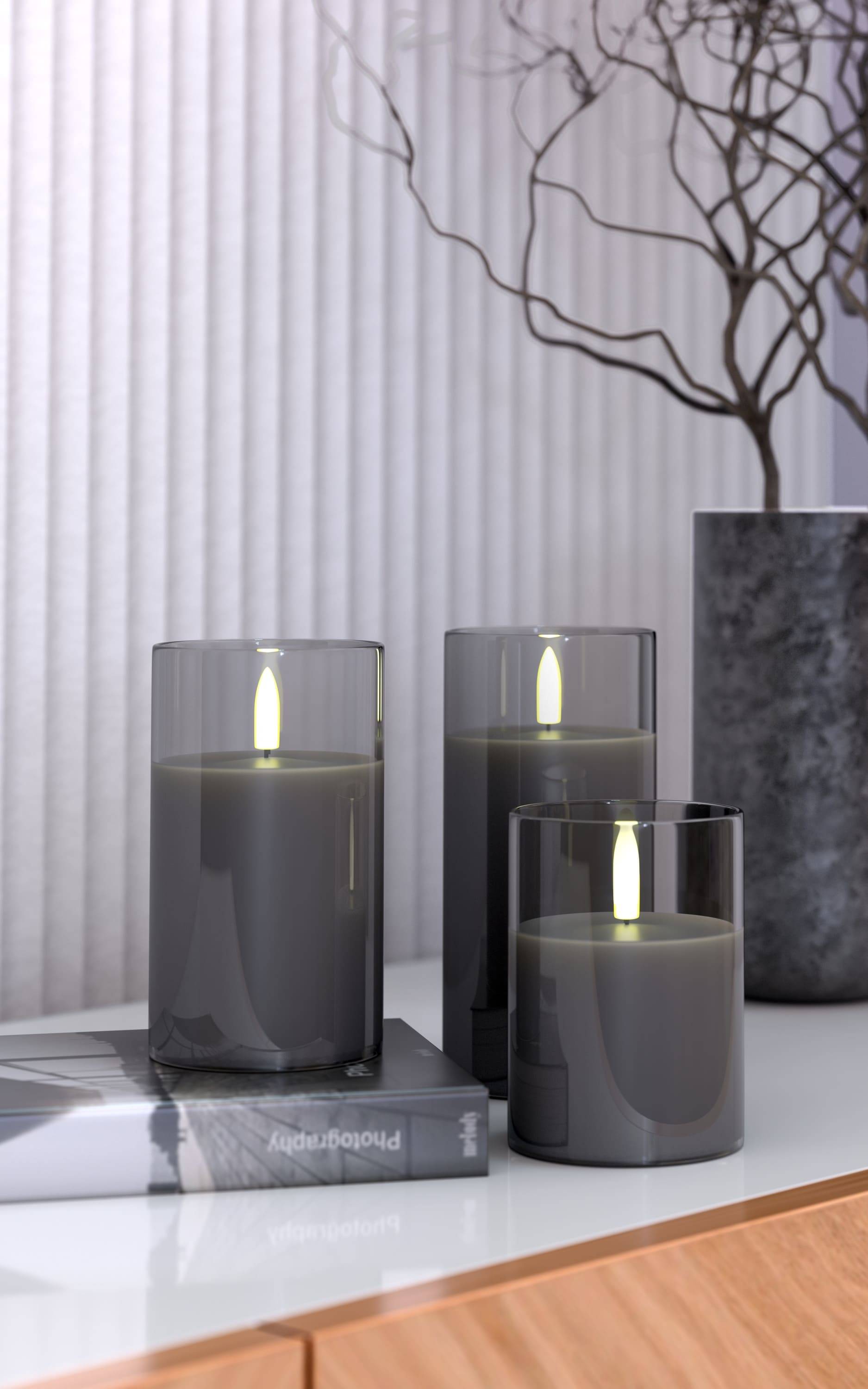Set di 3 Candele a LED in Vera Cera in Vetro con Timer Grigio-2
