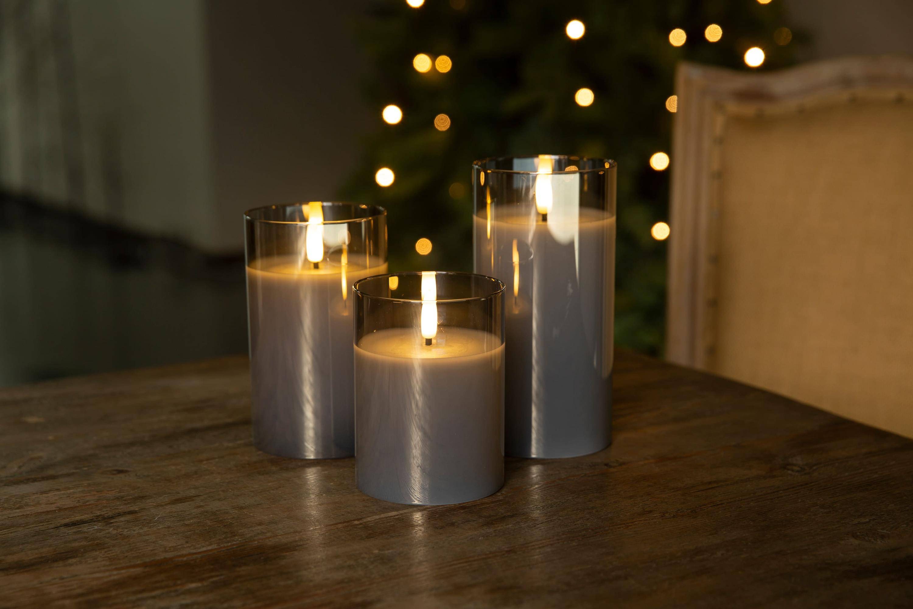Set di 3 Candele a LED in Vera Cera in Vetro con Timer Grigio-3