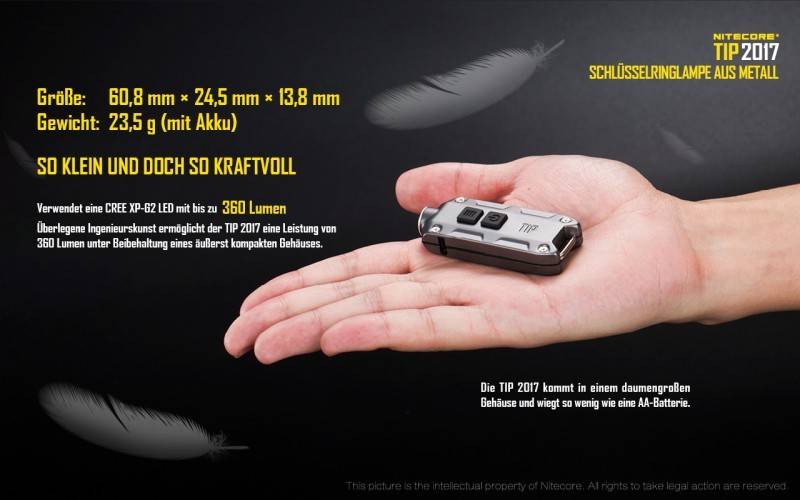 Nitecore TIP 2017 schlüsselanhängerlampe CREE XP-G2 S3 LED - 360 Lumen 6 Farben wählbar schwarz-3