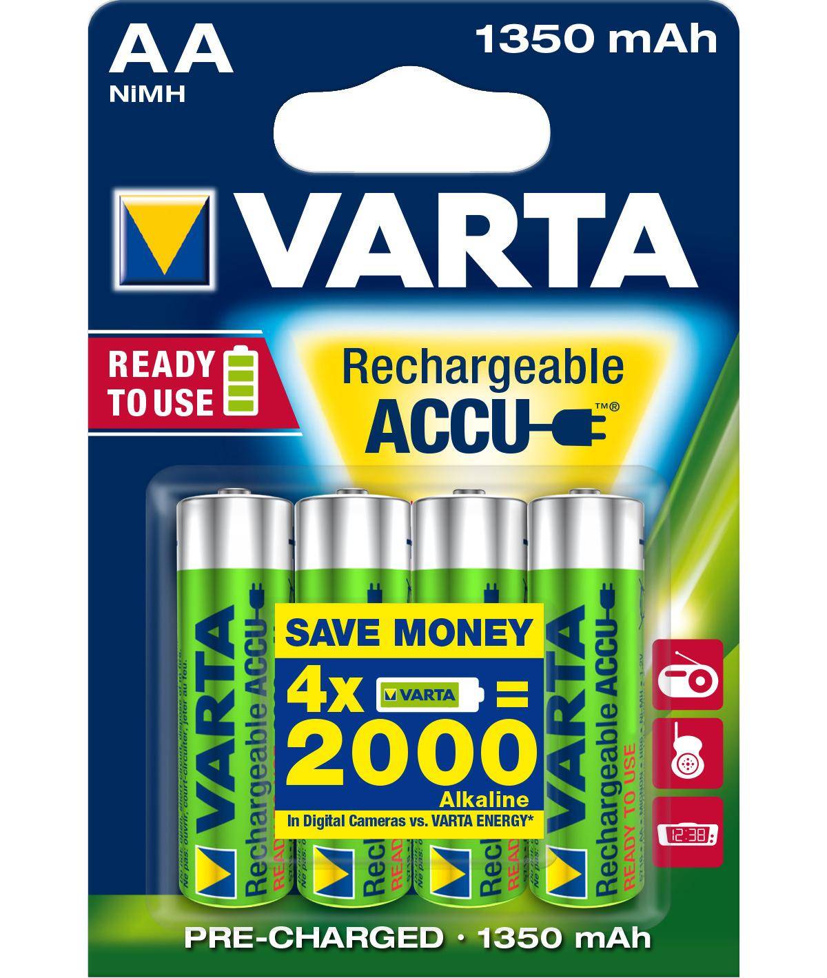 Batteria Varta NiMH, Mignon, AA, HR06, 1.2V/1350mAh Accu Power, precaricata, blister (confezione da 4)-2