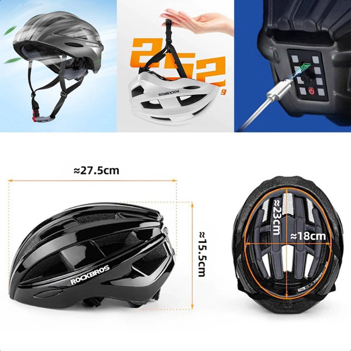 Casco da bicicletta Rockbros ZK-013TI con LED, taglia universale 55-60 cm, grigio-4