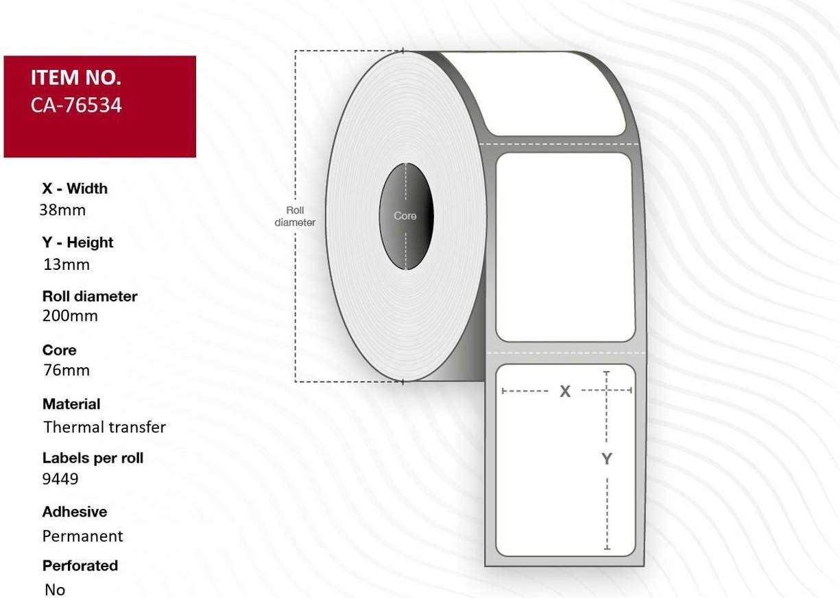 Capture Label 38 x 13mm, Core 76mm, Permanent, No perforation, 9449 labels per roll, 10 rolls per box (CA-76534)-0