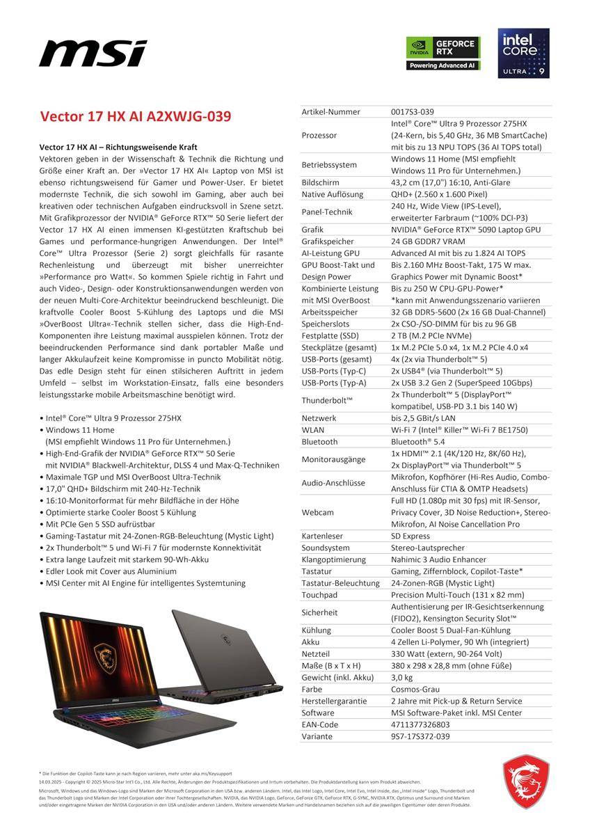 MSI Vector 17 HX A2XWJG-039 17"QHD+ Core Ultra 9 275HX 32GB/2TB RTX5090 Win11-1