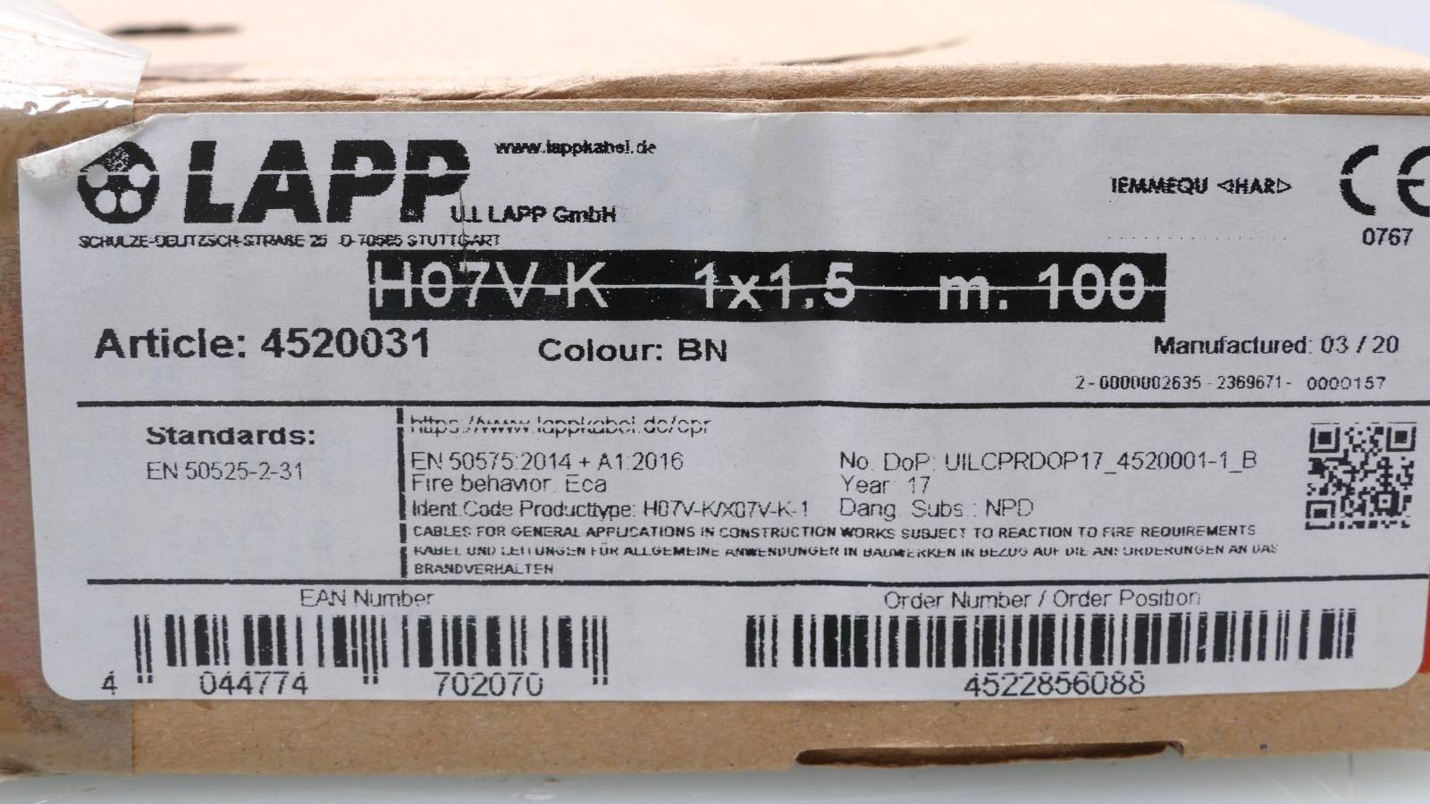 Cavo unipolare LAPP 4520031 - H07V-K 1X1,5 BN-1