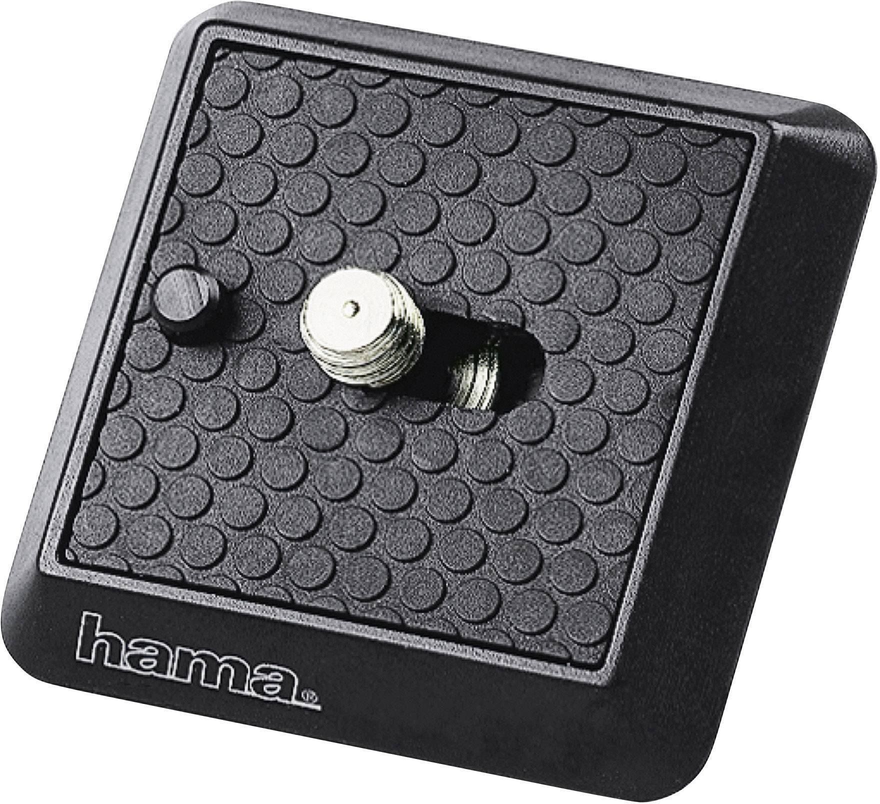 Piastra a sgancio rapido nera con superficie antiscivolo e vite centrale, marca 'hama', per fissaggio su treppiede fotografico.