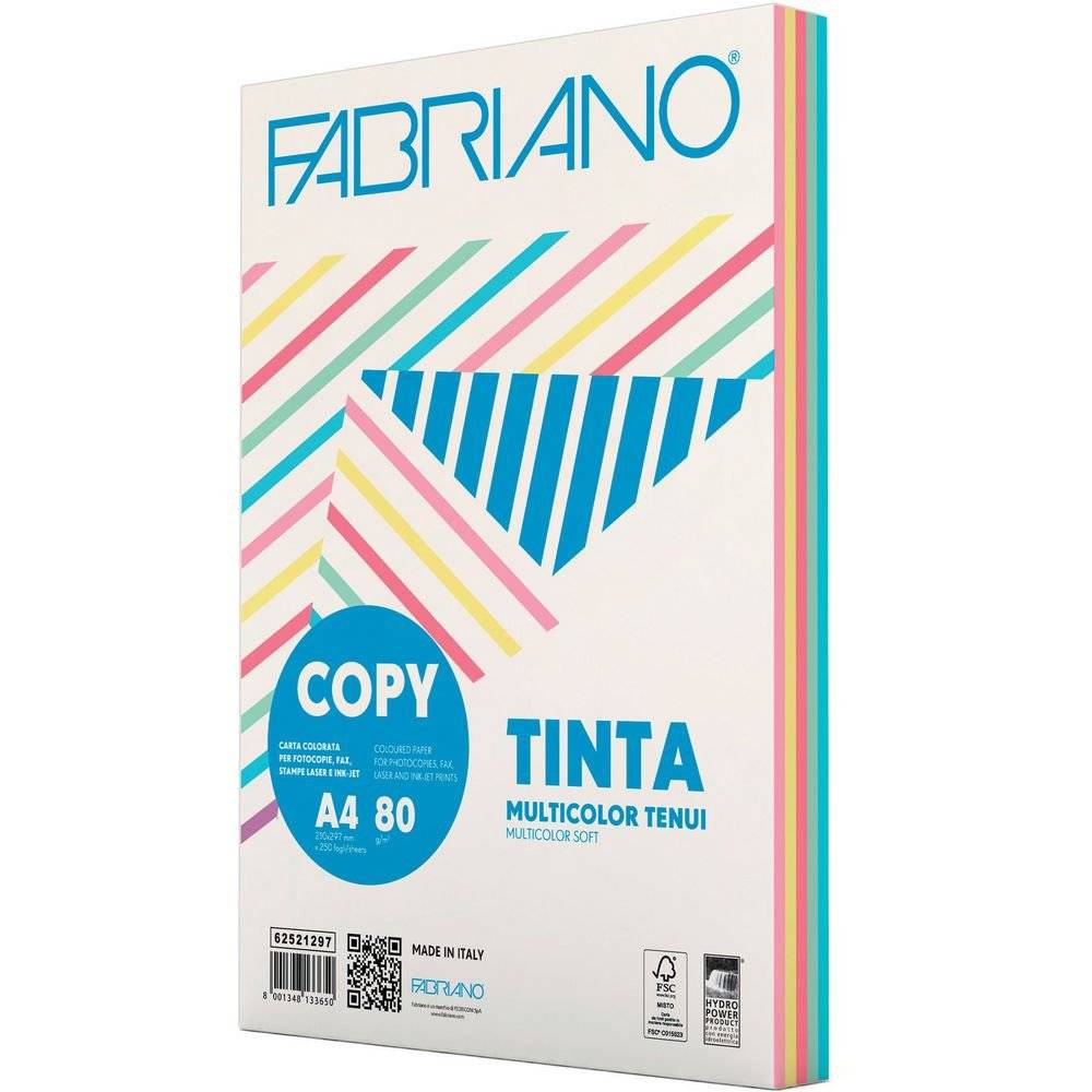 Carta Copy Tinta Multicolor - A4 - 80 gr - mix 5 colori tenui - Fabriano - conf. 250 fogli-0
