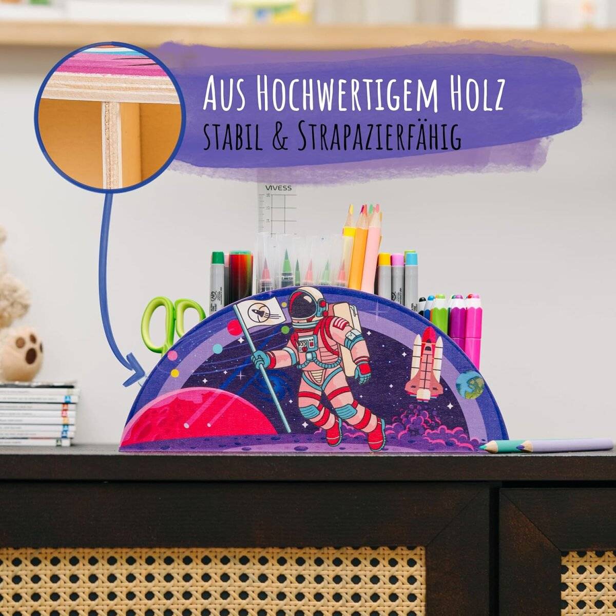 Portapenne per bambini WAGOMA [5 scomparti] Robusto organizer da scrivania in legno a forma di astronauta-1