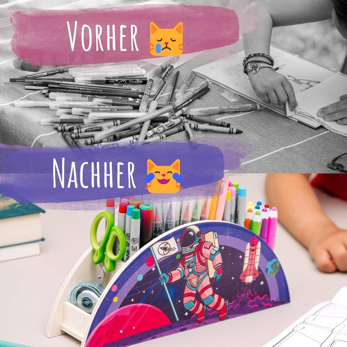 Portapenne per bambini WAGOMA [5 scomparti] Robusto organizer da scrivania in legno a forma di astronauta-4