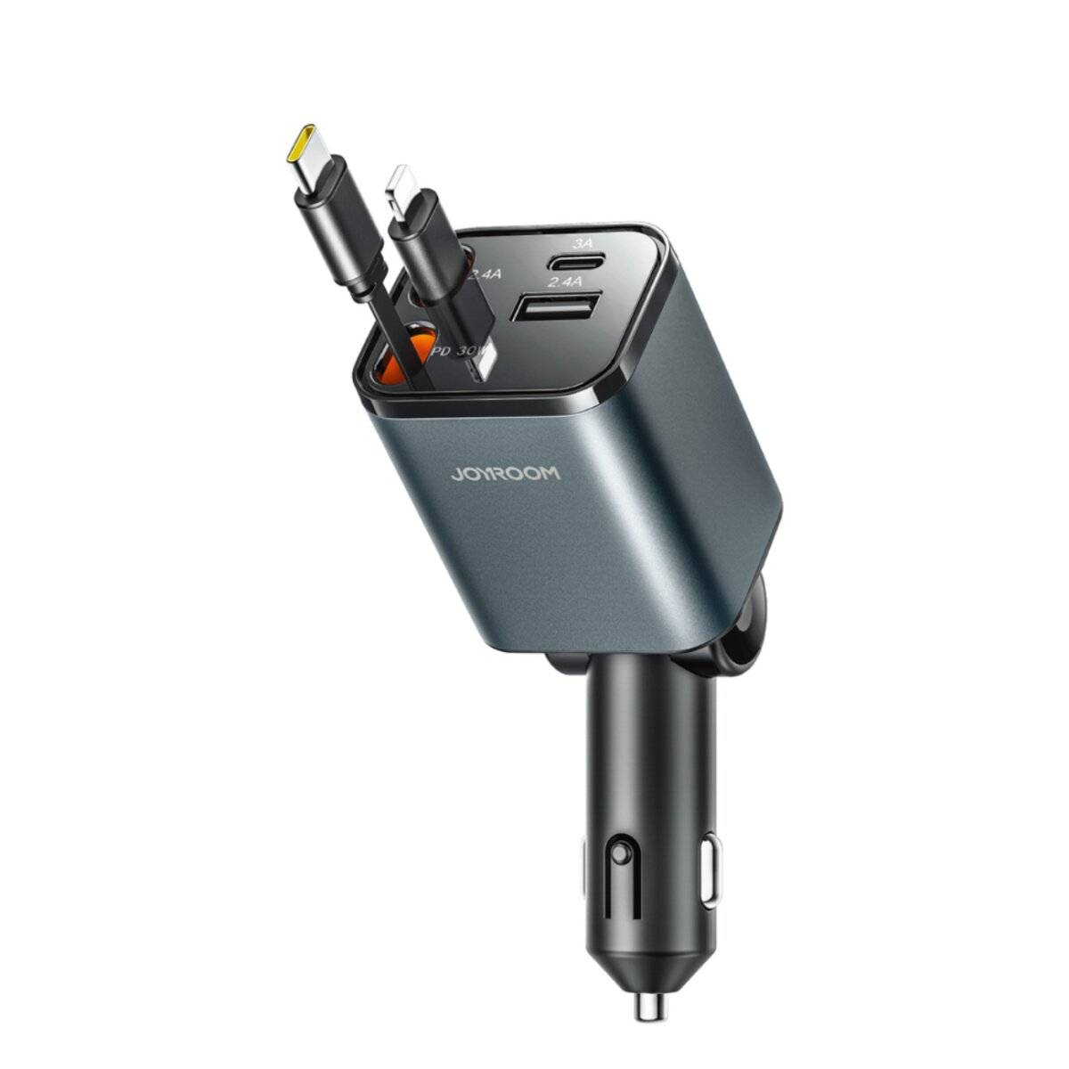 Joyroom JR-CCL05 Caricabatterie per auto 4 in 1 da 30 W con 2 cavi retrattili integrati - Grigio scuro-0