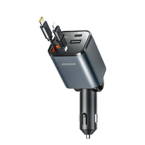 Joyroom JR-CCL05 Caricabatterie per auto 4 in 1 da 30 W con 2 cavi retrattili integrati - Grigio scuro