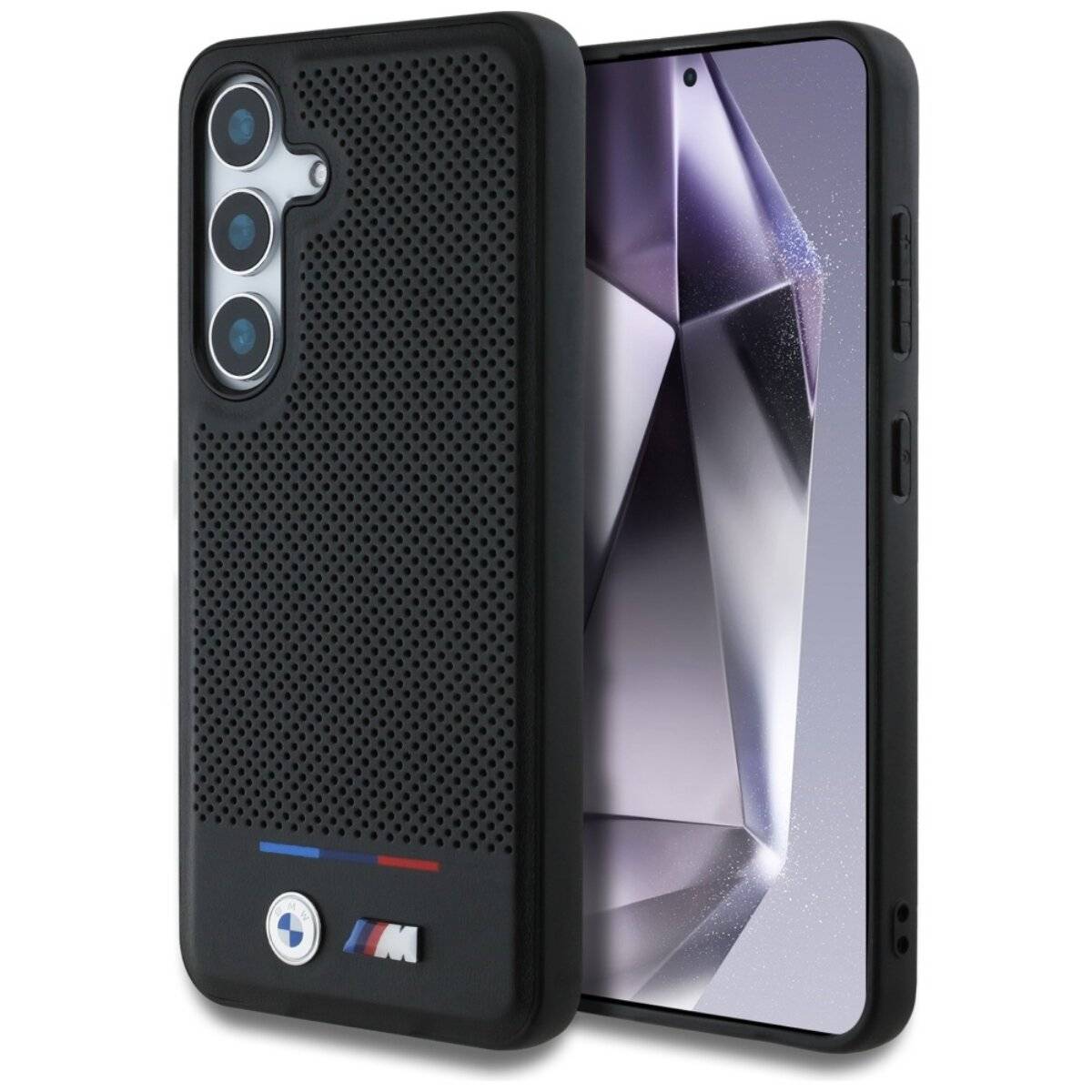 Custodia in pelle BMW a strisce tricolori compatibile con Samsung Galaxy S25 – Nero-0