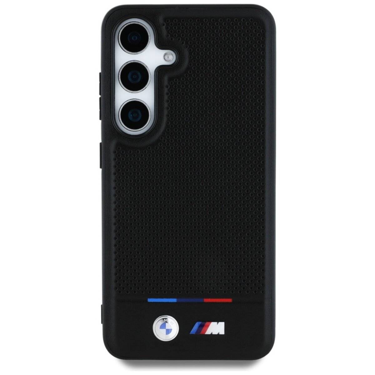 Custodia in pelle BMW a strisce tricolori compatibile con Samsung Galaxy S25 – Nero-1