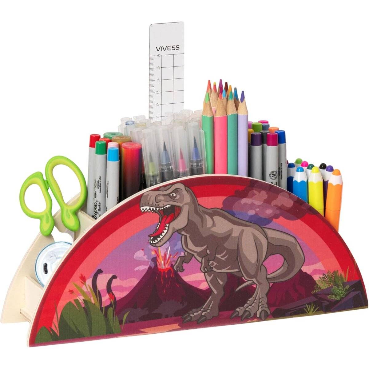 Portapenne per bambini WAGOMA [5 scomparti] Robusto organizer da scrivania in legno a forma di dinosauro-0