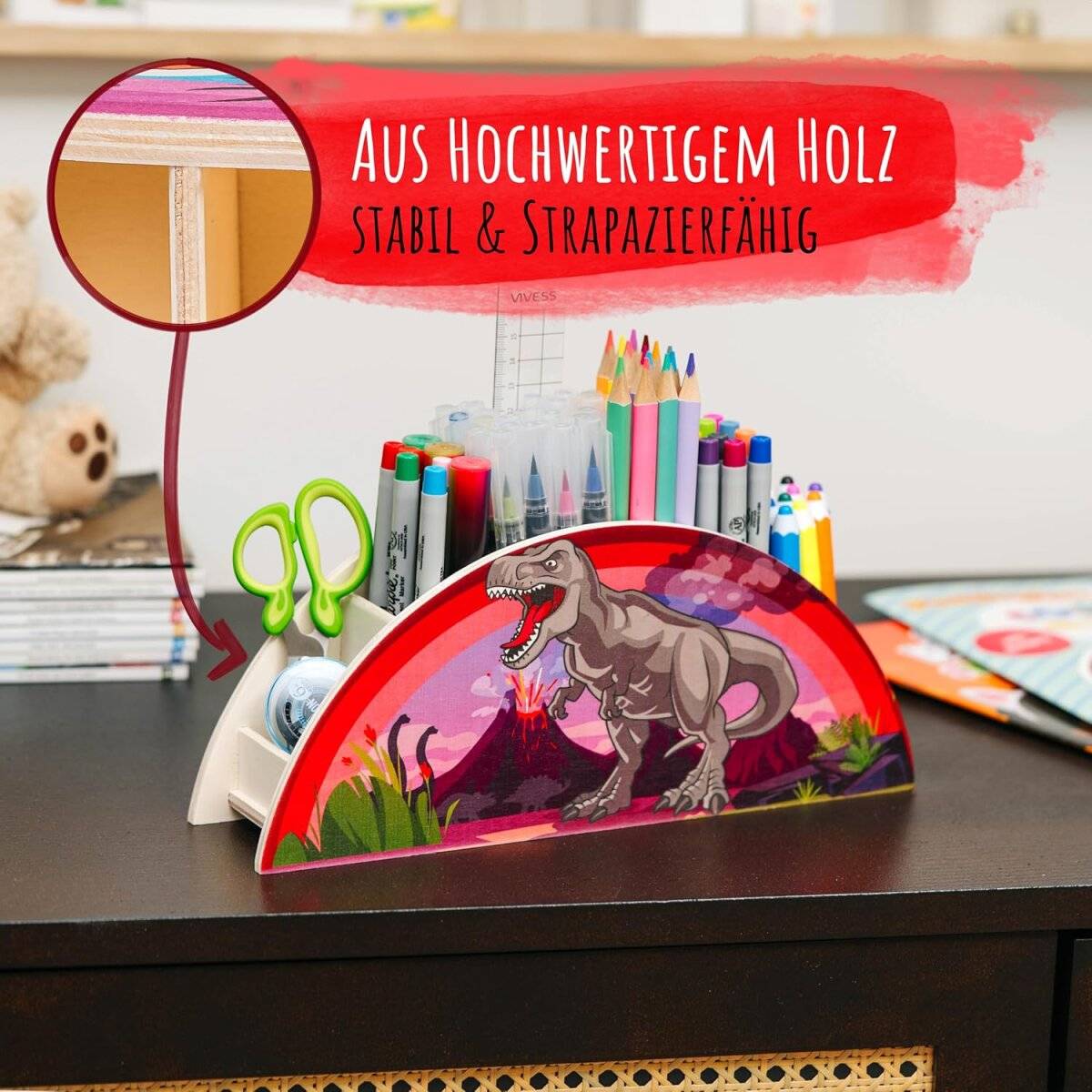 Portapenne per bambini WAGOMA [5 scomparti] Robusto organizer da scrivania in legno a forma di dinosauro-2