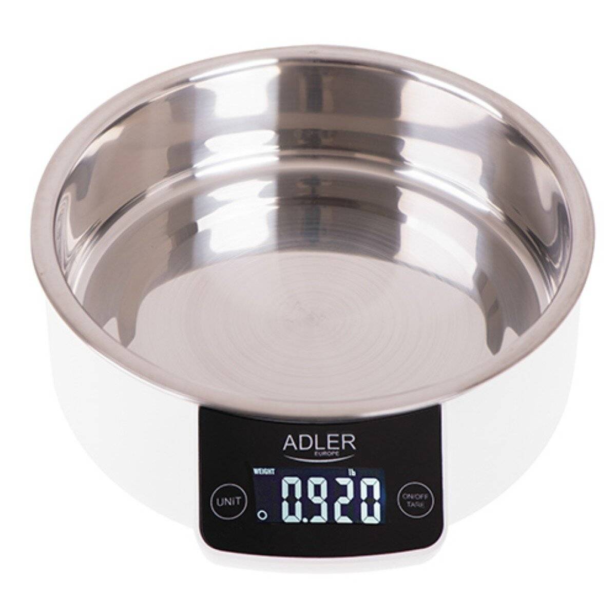 Bilancia da cucina digitale Adler AD 3166 con display e ciotola, funzione tara, colore bianco-1