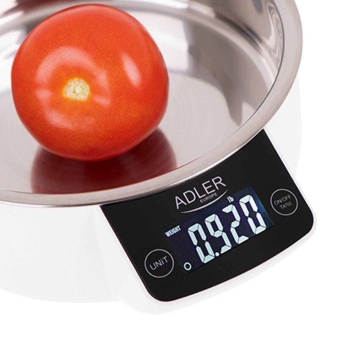 Bilancia da cucina digitale Adler AD 3166 con display e ciotola, funzione tara, colore bianco-3
