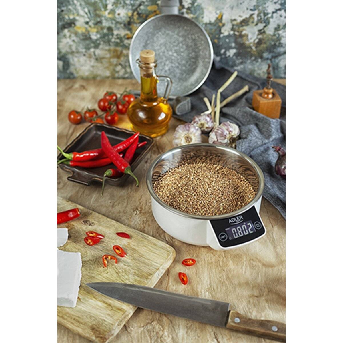 Bilancia da cucina digitale Adler AD 3166 con display e ciotola, funzione tara, colore bianco-4
