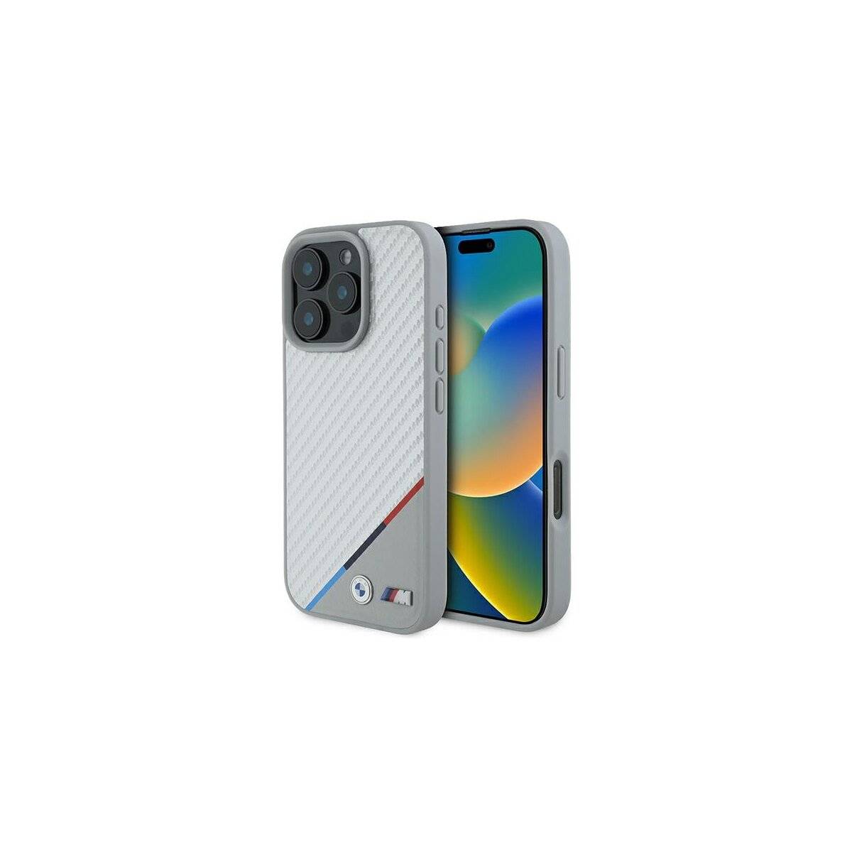 Custodia per telefono BMW M Carbon Tricolor Line compatibile con iPhone 16 Pro – Grigio-0