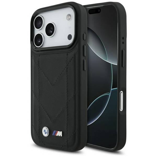 Custodia per telefono con logo trapuntato BMW M compatibile con iPhone 17 Pro – Ecopelle nera premium