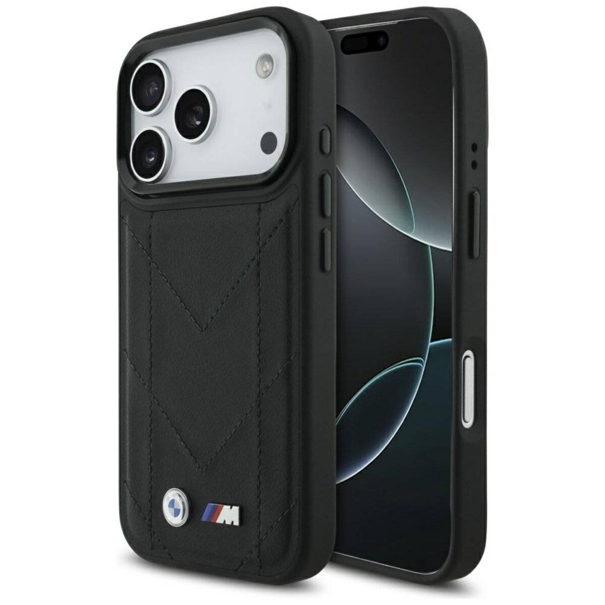 Custodia per telefono con logo trapuntato BMW M compatibile con iPhone 17 Pro – Ecopelle nera premium-0