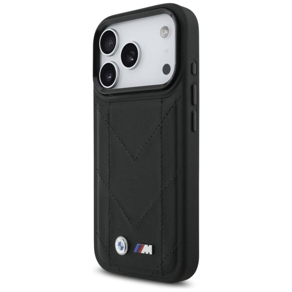 Custodia per telefono con logo trapuntato BMW M compatibile con iPhone 17 Pro – Ecopelle nera premium-1