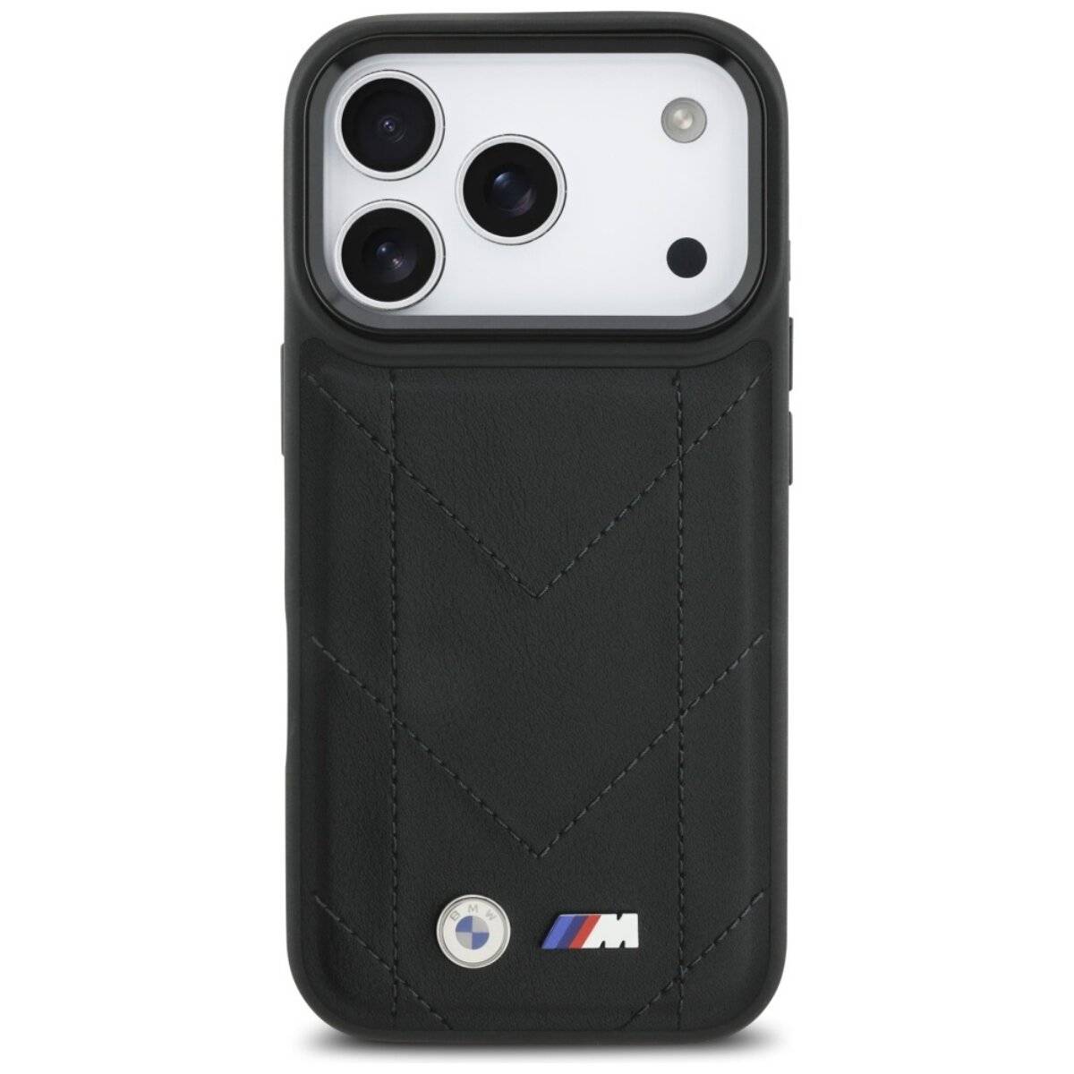 Custodia per telefono con logo trapuntato BMW M compatibile con iPhone 17 Pro – Ecopelle nera premium-2