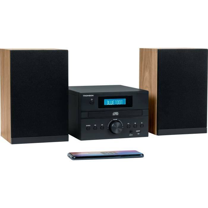Microsistema Bluetooth - THOMSON - Legno/Nero - Radio FM/CD/MP3/USB, 20W RMS, Sintonizzatore FM RDS, Jack per cuffie, Te-0
