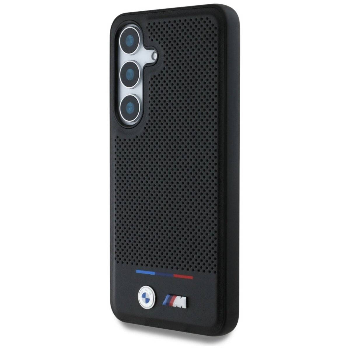 Custodia in pelle BMW a strisce tricolori compatibile con Samsung Galaxy S25 – Nero-2