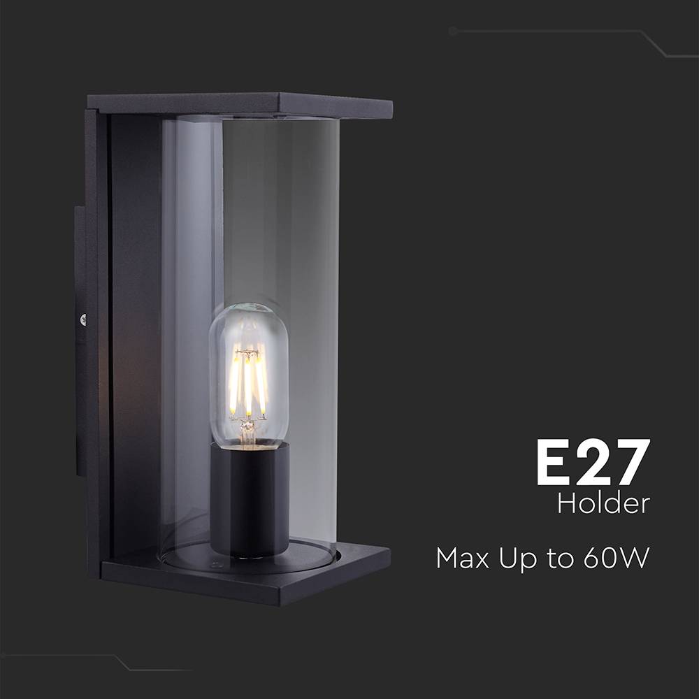 V-TAC Applique LED da Esterno E27 Diffusore Cilindrico Vetro Nera IP44-3
