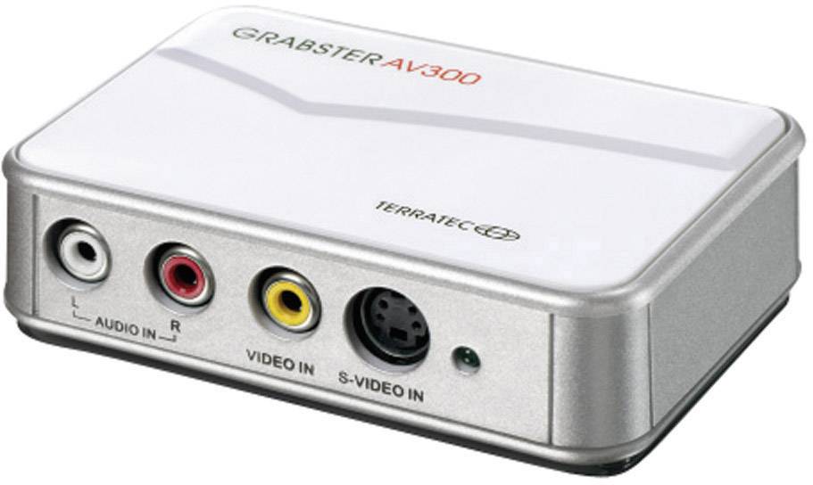 Un dispositivo Terratec Grabster AV 300 color argento con connessioni per Audio (L, R), Video e S-Video, utilizzato per applicazioni multimediali.