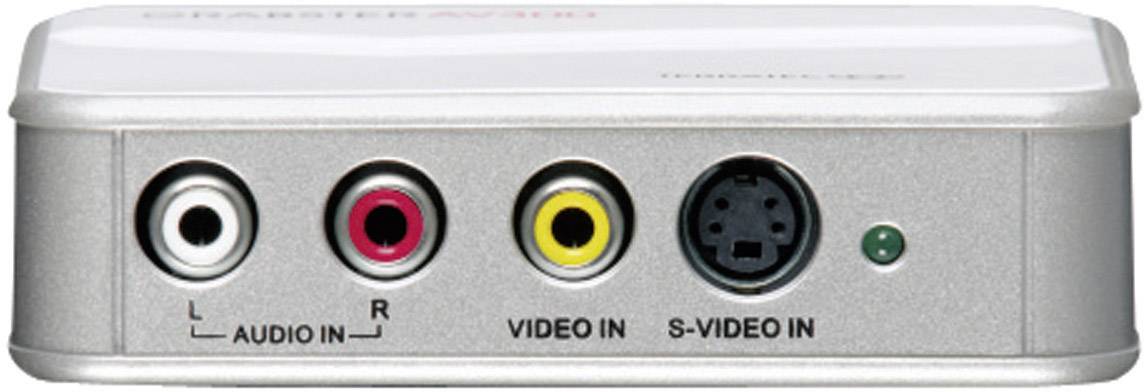 Un dispositivo con ingressi audio e video in bianco e argento. A sinistra due ingressi audio (rosso, bianco), a destra due ingressi video (giallo, S-Video).