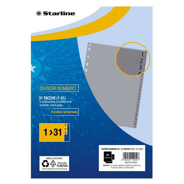 Divisori numerici 31 tacche - A4 - PP - grigio - Starline-0