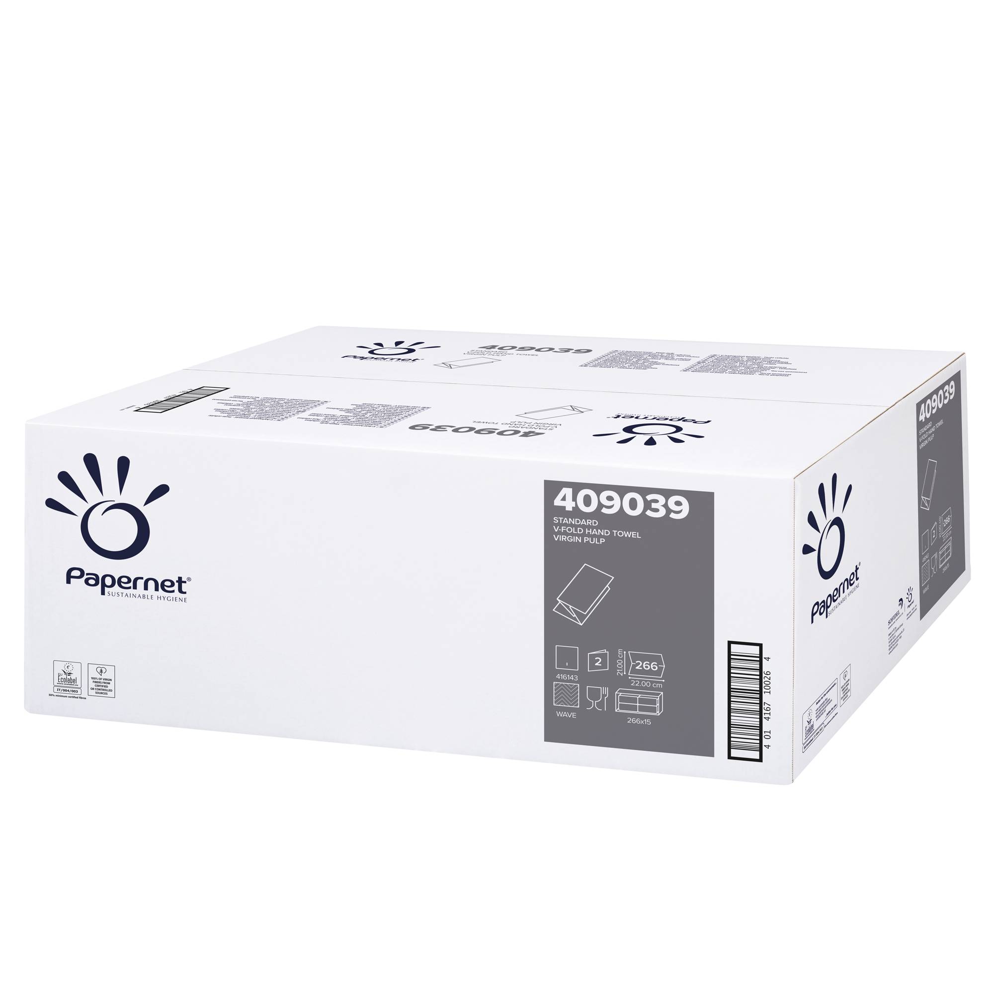 Asciugamani piegati a V - 22 x 21 cm - 18 gr - goffrata onda - bianco - Papernet - conf. 266 pezzi-0