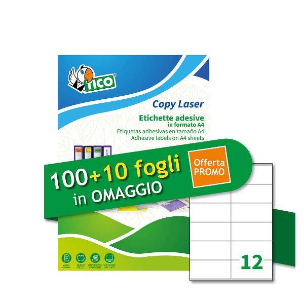 Etichette bianche adesive permanenti Tico laser/inkjet 12 et./foglio conf. 100+10 ff OMAGGIO 105x48 mm